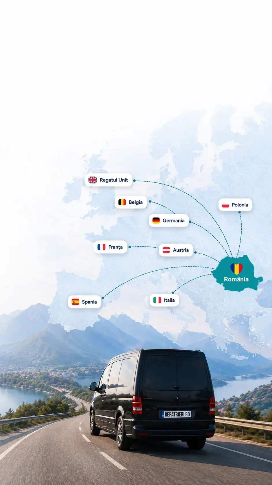 Harta Europei și mașină pentru repatriere către România